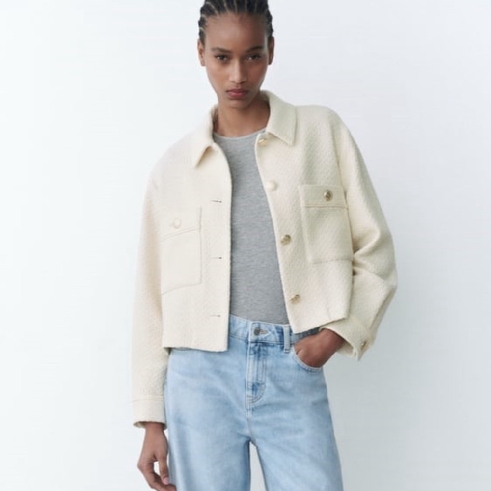 ZARA TEXTURED CROPPED JACKET WITH GOLDEN BUTTONS LAPEL COLLAR